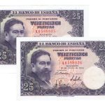 Estado Español Pareja correlativa 25 Pesetas 22 de Julio de 1954 Serie A EBC+