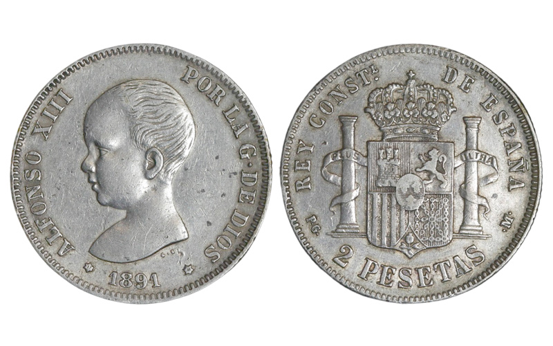 Alfonso XIII 2 Pesetas 1891*18--1 MBC+/MBC