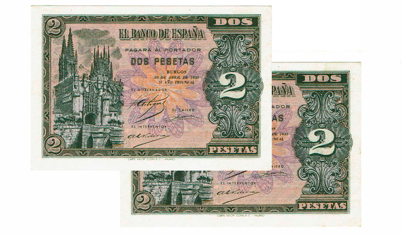 Estado Español 2 Pesetas Pareja correlativa 30 Abril 1938 Burgos Serie F EBC+