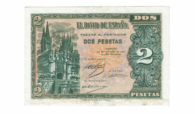 Estado Español 2 Pesetas 12 de Octubre 1937 Burgos Serie A Restos de adhesivo EBC-