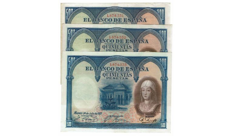 Trio correlativo 500 Pesetas 1927 Isabel la Católica MBC- a EBC