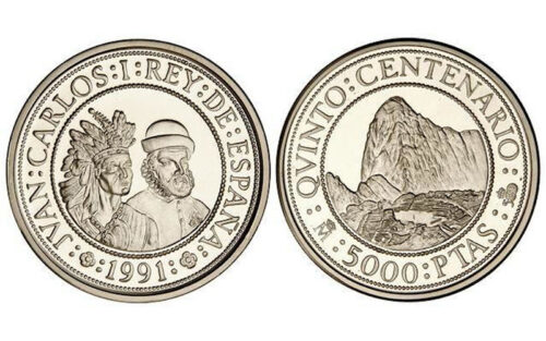 España 5000 Pesetas 1991 V Centenario Pizarro y Atahualpa PROOF