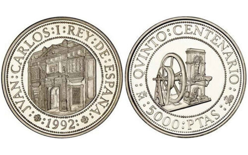 España 5000 Pesetas 1992 V Centenario Máquina Tonelier PROOF