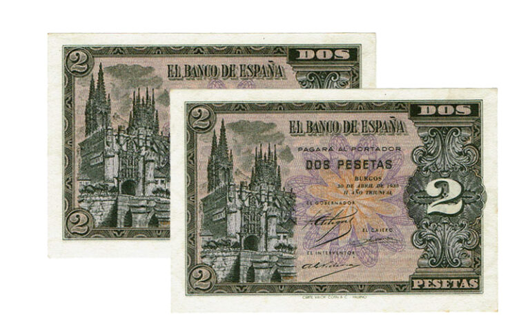 Estado Español Pareja correlativa 2 Pesetas de Abril de 1938 Burgos Serie F SC-