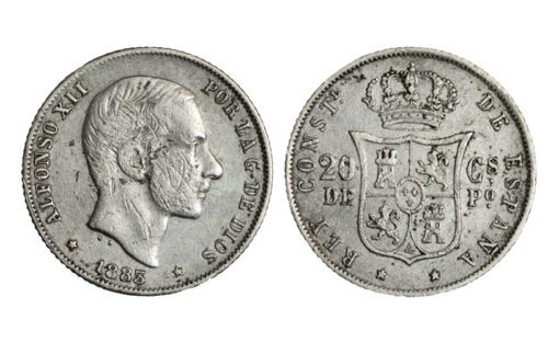 Alfonso XIII 20 Centavos de Peso 1883 Manila Anv. rayado superf. MBC+