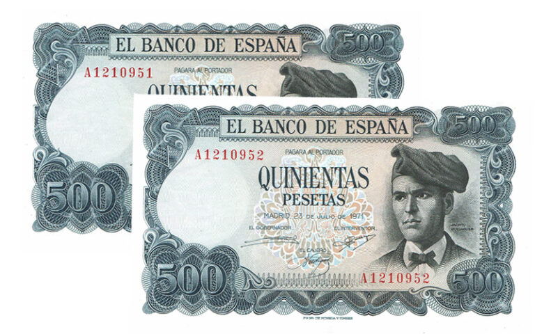 Estado Español Pareja Correlativa 500 Pesetas 23 Julio 1971 Jacinto Verdaguer Serie A EBC- y EBC
