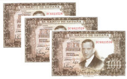 Estado Español Trio correlativo 100 Pesetas 7 Abril 1953 Julio Romero de Torres Serie 3C Alguna marquita SC-