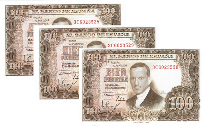 Estado Español Trio correlativo 100 Pesetas 7 Abril 1953 Julio Romero de Torres Serie 3C Alguna marquita SC-