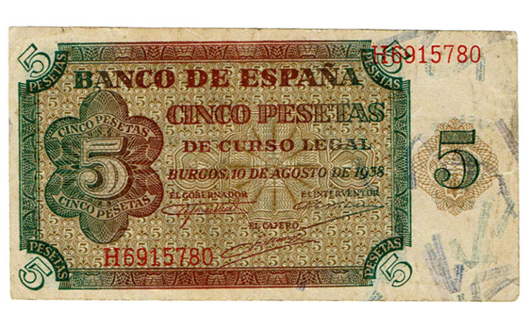 Estado Español 5 Pesetas 10 Agosto 1938 Burgos Serie H MBC+