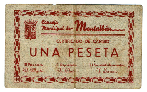 Montalbán (Teruel) 1 Peseta 1 Junio 1937 Serie B BC