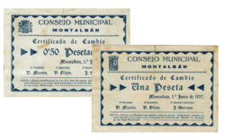 Montalbán (Teruel) 50 Céntimos y 1 Peseta 1 de Junio 1937 Serie A BC y MBC