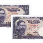 Estado Español Pareja Correlativa 25 Pesetas 22 Julio 1954 Isaac Albéniz Serie A EBC