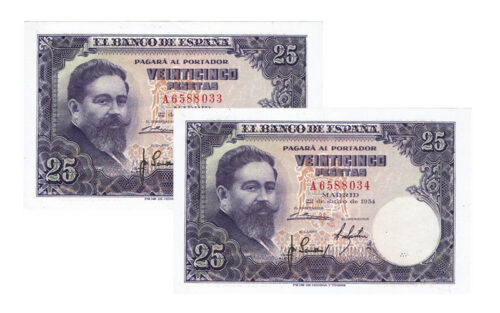 Estado Español Pareja Correlativa 25 Pesetas 22 Julio 1954 Isaac Albéniz Serie A EBC