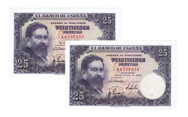 Estado Español Pareja Correlativa 25 Pesetas 22 Julio 1954 Isaac Albéniz Serie A EBC