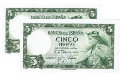 Estado Español Pareja correlativa 5 Pesetas 22 Julio 1954 Alfonso X Serie U EBC+