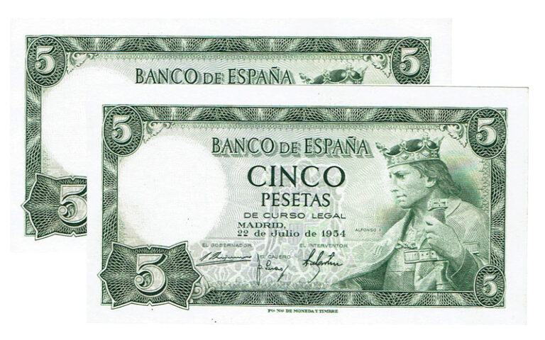 Estado Español Pareja correlativa 5 Pesetas 22 Julio 1954 Alfonso X Serie U EBC+
