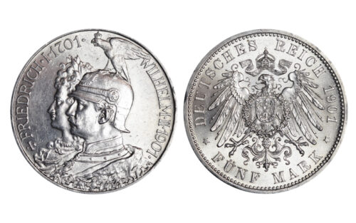 Estados Alemanes/ Prusia Guillermo II 5 Marcos 1901 200 Aniversario del Reino de Prusia Golpec. SC