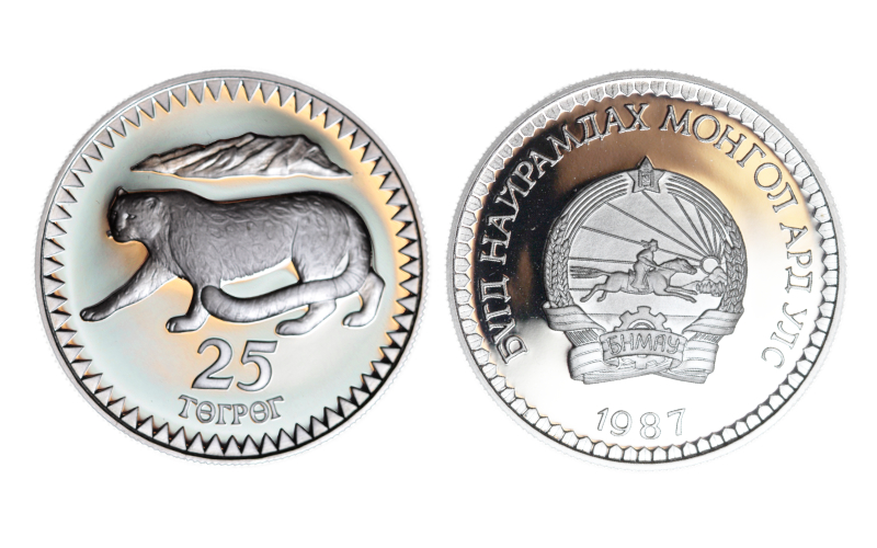 Mongolia 25 Tugrik 1987 Fundación Mundial Vida Salvaje Leopardo de nieve PROOF
