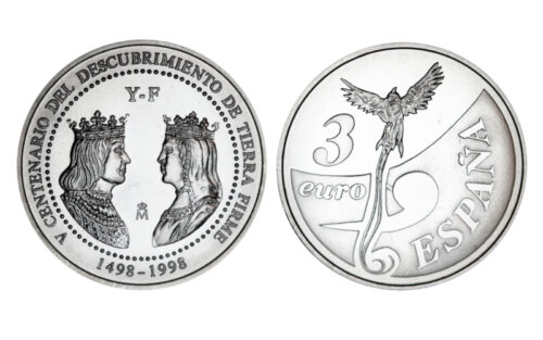 España 3 Euros 1998 500 Aniversario Descubrimiento Tierra firme Venezuela PROOF