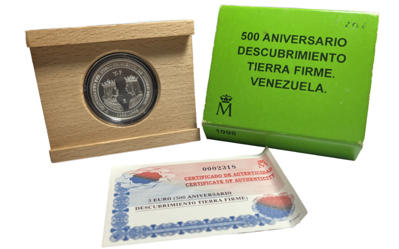 España 3 Euros 1998 500 Aniversario Descubrimiento Tierra firme Venezuela PROOF