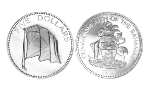 Bahamas 5 Dólares 1974 Bandera nacional PROOF