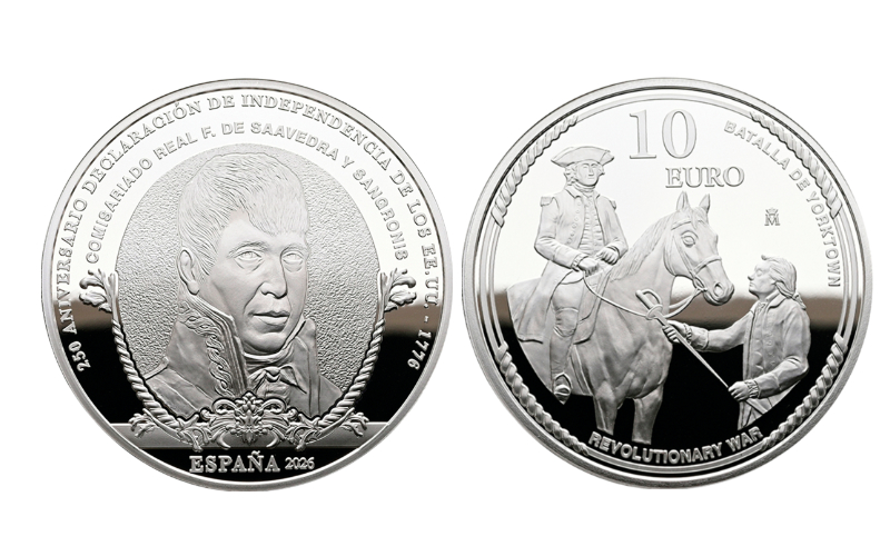 España 10 Euros 2026 250 Aniversario Declaración de Independencia Estados Unidos Comisionado Real Francisco de Saavedra y Sangronis PROOF