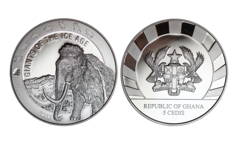 Ghana 5 Cedis 2019 Gigantes de la Edad de Hielo Mamut PROOF