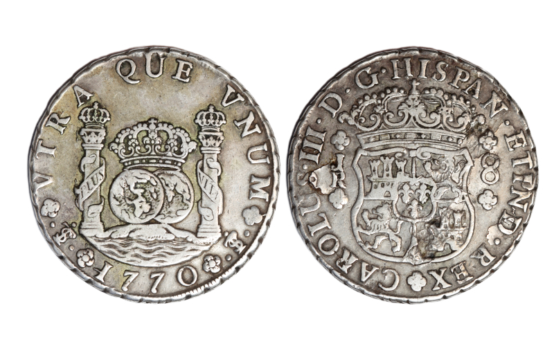 Carlos III 8 Reales 1770 Potosí JR Hojitas rev. MBC