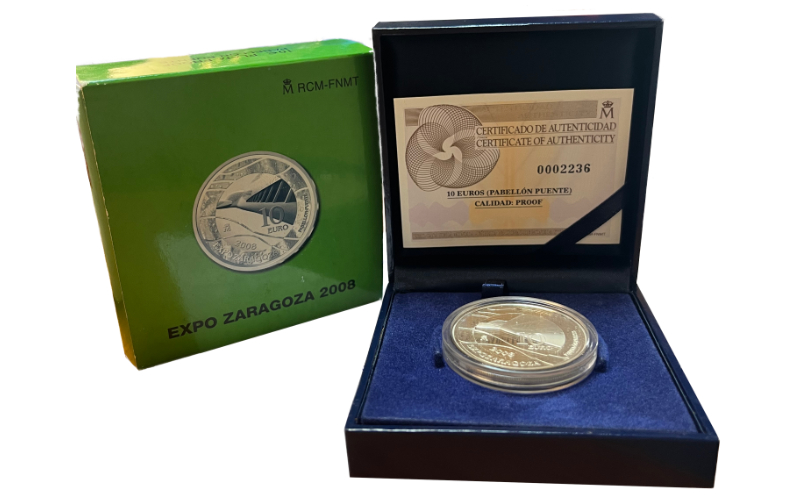 España 10 Euros 2008 Exposición de Zaragoza Pabellón Puente PROOF
