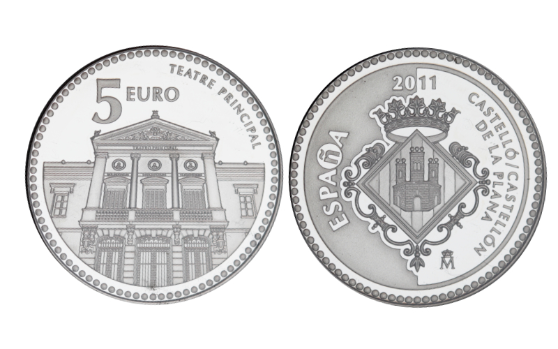 España 5 Euros 2011 Serie Capitales de Provincia y Ciudades Autónomas: Castellón de la Plana - Teatro Principal PROOF