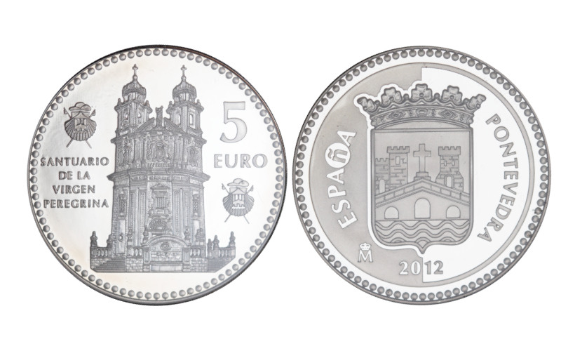 España 5 Euros 2012 Serie Capitales de Provincia y Ciudades Autónomas: Pontevedra - Santuario de la Virgen Peregrina PROOF