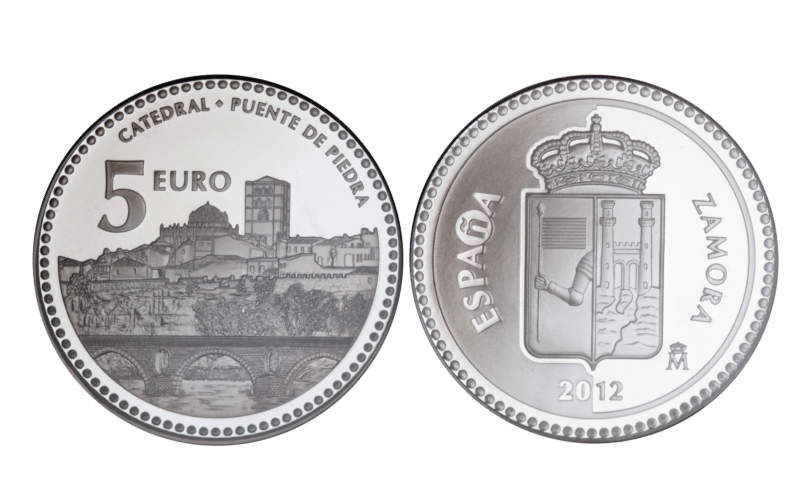 España 5 Euros 2012 Serie Capitales de Provincia y Ciudades Autónomas: Zamora - Catedral y Puente de Piedra PROOF