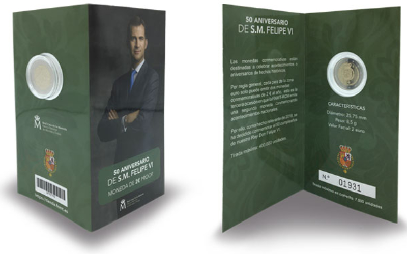 España Cartera 2 Euros 2018 50 Aniversario de S.M. Felipe VI PROOF