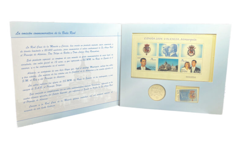 España Cartera 12 Euros Plata y Sellos 2004 Conmemoración de la Boda Real Felipe VI y Letizia SC