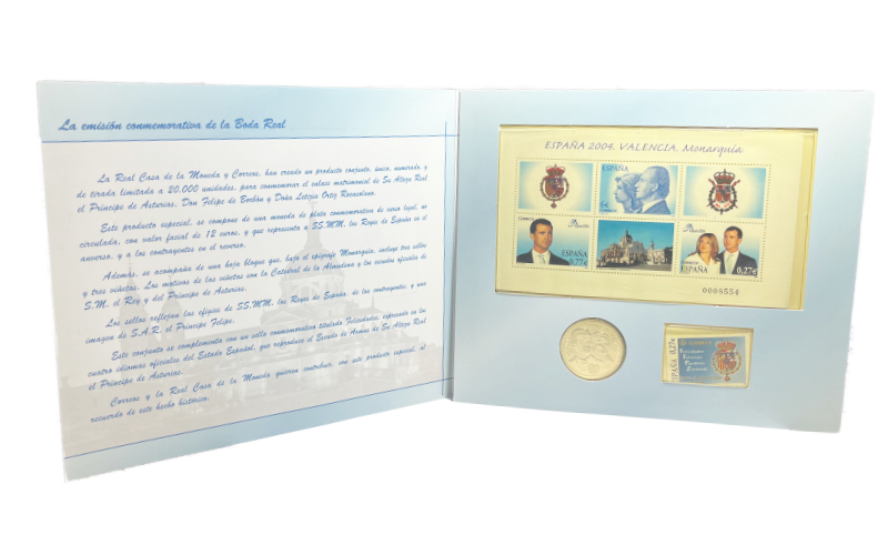 España Cartera 12 Euros Plata y Sellos 2004 Conmemoración de la Boda Real Felipe VI y Letizia SC