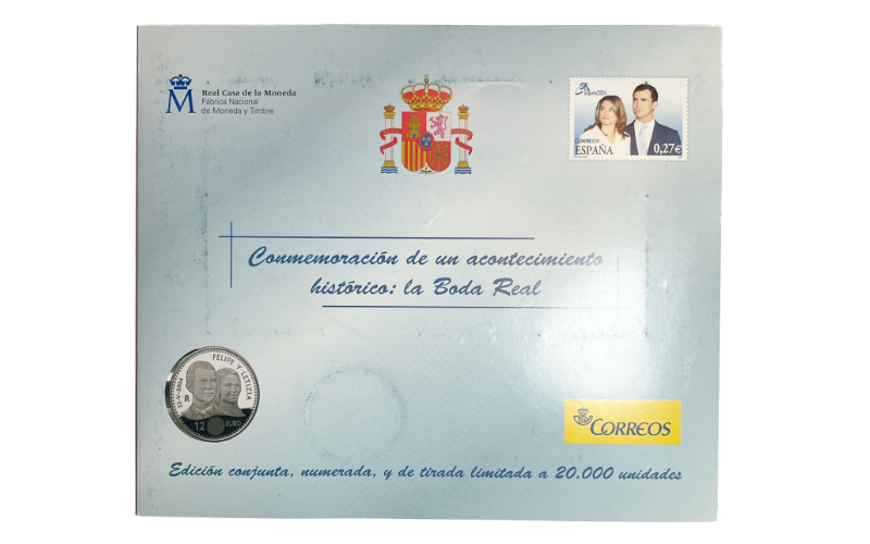 España Cartera 12 Euros Plata y Sellos 2004 Conmemoración de la Boda Real Felipe VI y Letizia SC
