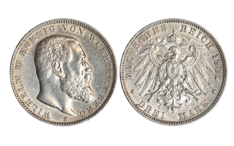 Alemania Württemberg Wilhelm II 3 Marcos 1908 MBC+