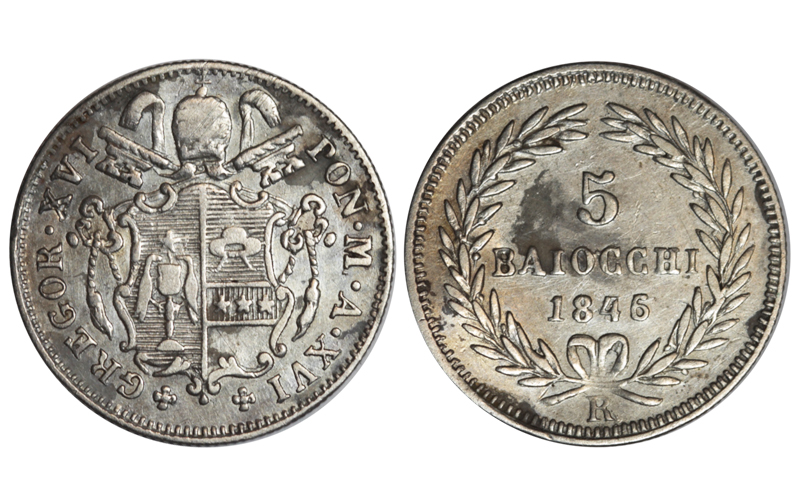 Gregorio XVI 5 Baiocchi 1843 Estados Pontificios MBC