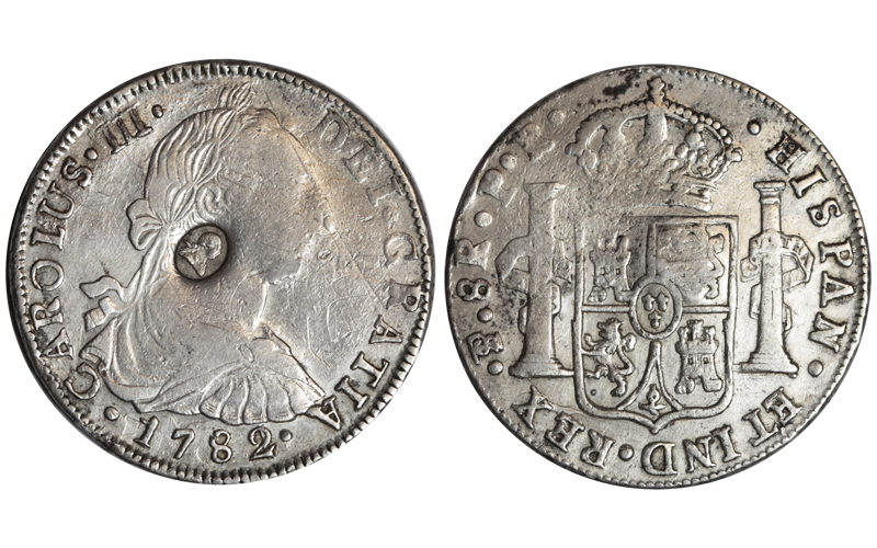 Carlos III 8 Reales 1782 (2 sobre 1) Potosí PR, con contramarca inglesa de Jorge III BC