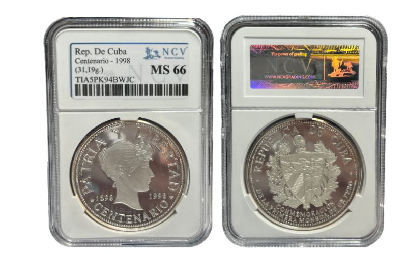 Cuba Medalla 1998 Centenario Conmemoración Primera Moneda de 1 Peso PROOF Encapsulada NCV MS66
