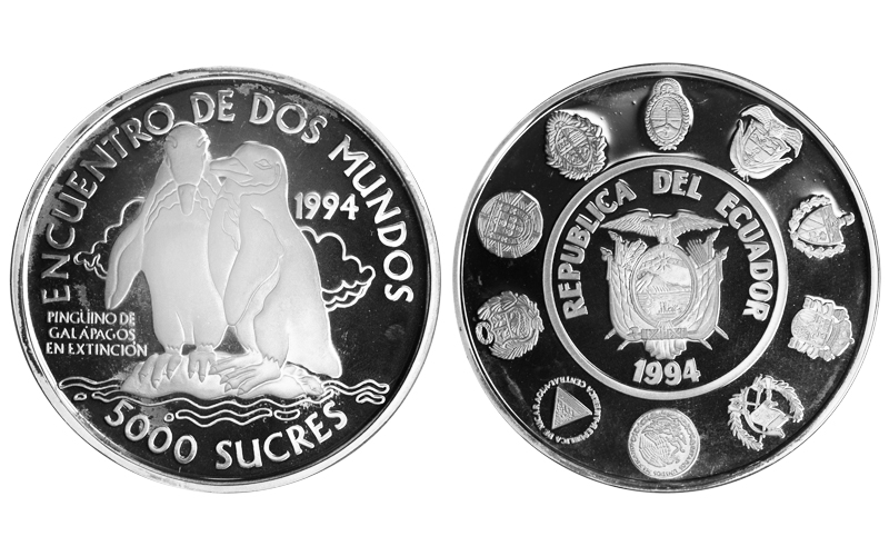 Ecuador 5000 Sucres 1994 Serie II Iberoamericana - Pingüino de Galápagos PROOF