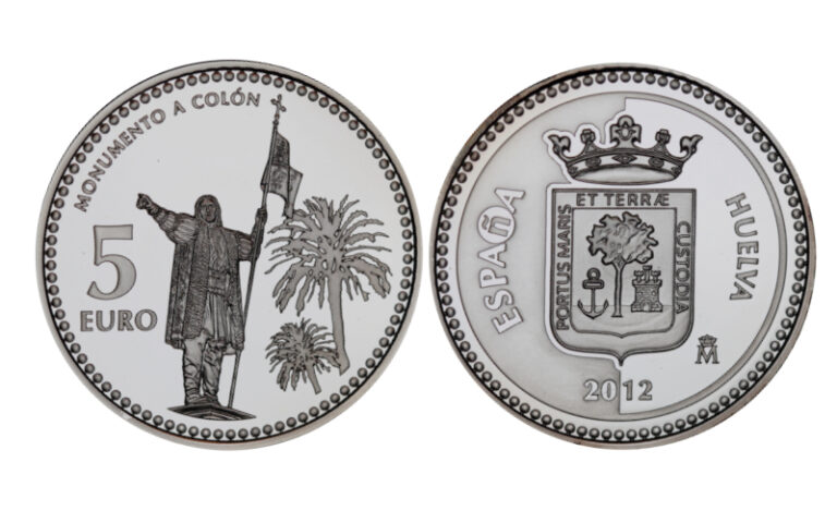 España 5 Euros 2012 Serie Capitales de Provincia y Ciudades Autónomas: Huelva - Monumento a Colón PROOF