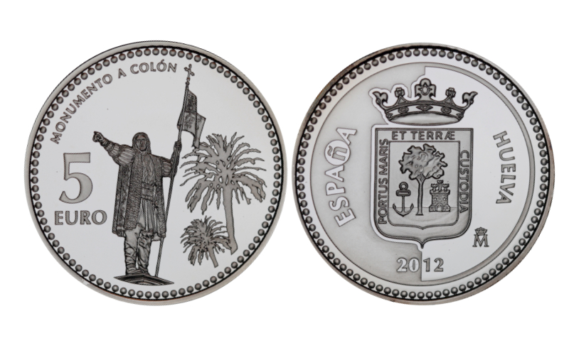 España 5 Euros 2012 Serie Capitales de Provincia y Ciudades Autónomas: Huelva - Monumento a Colón PROOF