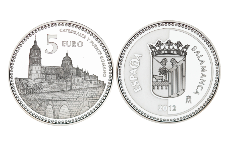 España 5 Euros 2012 Serie Capitales de Provincia y Ciudades Autónomas: Salamanca - Catedrales y Puente Romano PROOF