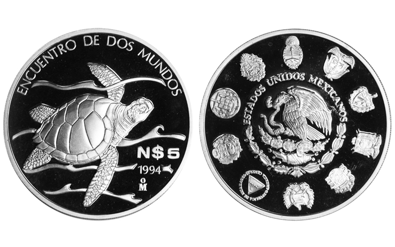 México 5 Nuevos Pesos 1994 Tortuga PROOF
