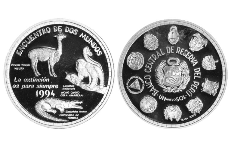 Perú 1 Nuevo Sol 1994 Serie II Iberoamericana - Fauna Amenazada: Vicuña, Mono Choro Cola Amarilla y Cocodrilo de Tumbes PROOF