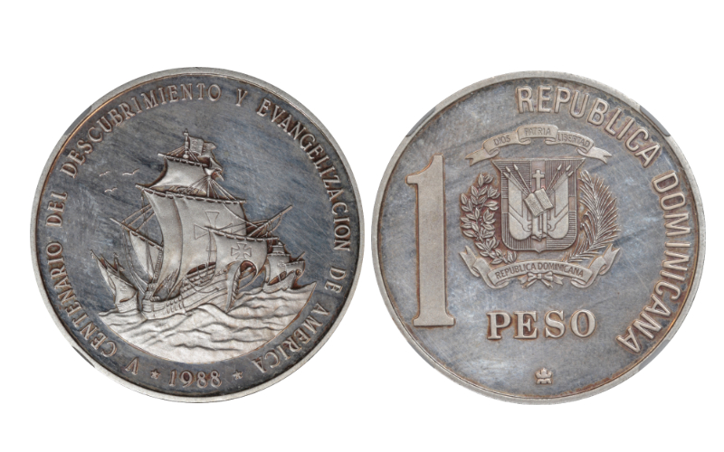 República Dominicana 1 Peso 1988 V Centenario Descubrimiento y Evangelización de América PROOF Encapsulada NCV PF62