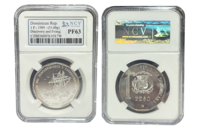 República Dominicana 1 Peso 1989 V Centenario Descubrimiento y Evangelización de América PROOF Encapsulada NCV PF63
