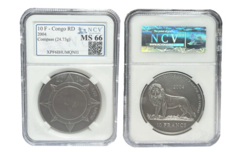 República Democrática del Congo 10 Francos 2004 Brújula SC Encapsulada NCV MS66