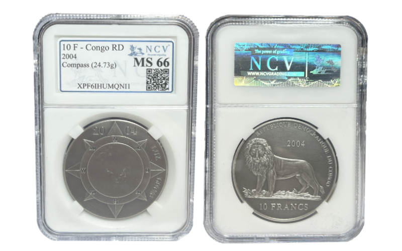 República Democrática del Congo 10 Francos 2004 Brújula SC Encapsulada NCV MS66